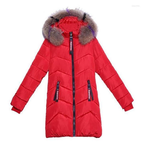 Trench da donna Moda lungo piumino giacca imbottita in cotone inverno 2023 versione coreana collo in pelliccia allentata con cappuccio cappotto caldo sottile Tid