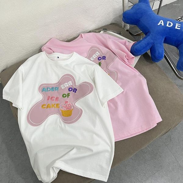 T-shirt da uomo T-shirt Ricamo estivo Lettera Fiore Versatile Donna Allentato O Collo T-shirt in cotone a maniche corte T-shirt rosa Abiti stile coreano