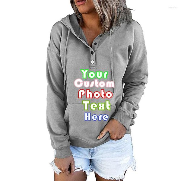 Hoodies femininos manga comprida solta casual moletom pull-cord bolso personalizado com seu texto logotipo