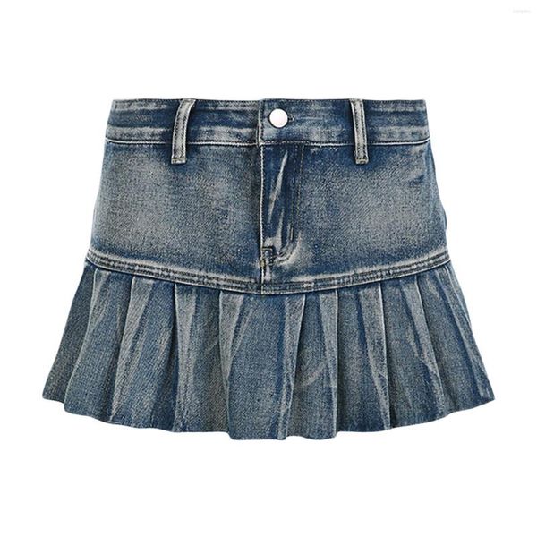 Röcke Y2k Damen Mini Jean Fashion Low Waist Plissee Denim Short Flared Slim Preppy Girl Streetwear