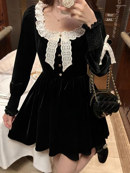Sıradan elbiseler Deeptown Y2K Masal Siyah Prenses Elbise Kadınlar Kore tarzı Vintage Fırfırlar Uzun Kollu Mini Tunik Tatlı Bow Vestidos