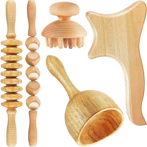 Conjunto de madeira massageador corporal colombiano plano facial ferramentas de escultura corporal drenagem linfática 5 peças conjunto de ferramentas de terapia de madeira 272d