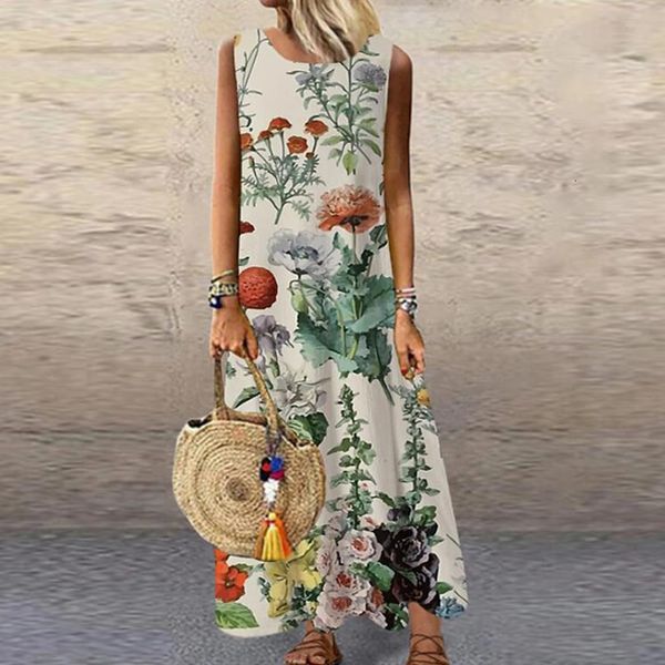 Urban Sexy Kleider Vintage Floral Bedruckte Frauen Ärmelloses Sommerkleid Sommer Lose Beiläufige Strand Langes Kleid Damen Böhmen Maxi Party Vestidos 230911