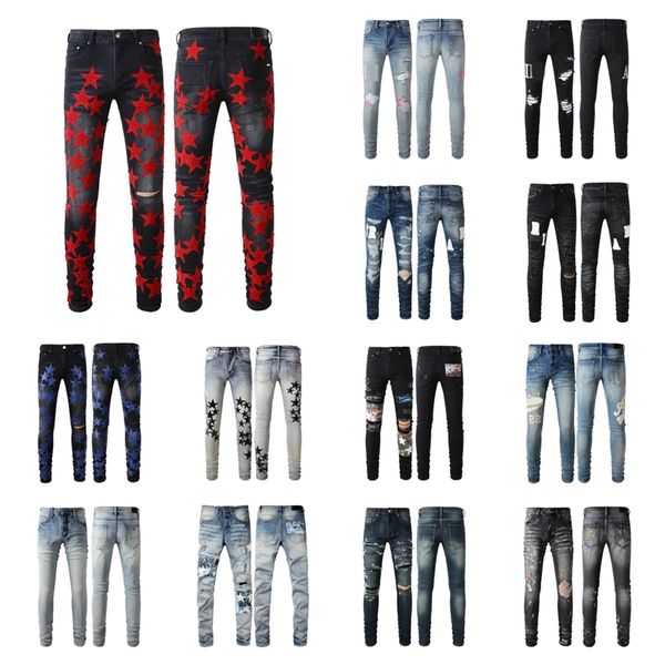 Jeans, lila Jeans, Designer-Jeans für Herren, gestapelte Jeans, Herren, Baggy-Denim, Tränen, europäische Jeans, Herren-Hosen, Biker-Stickerei, zerrissen für Trend01