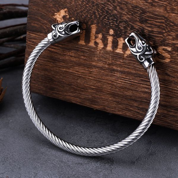 Pulseira de aço inoxidável vikings dragão cabeça pulseira para homens punk biker charme pulseira manguito odin braço anel nórdico moda jóias presente 230911