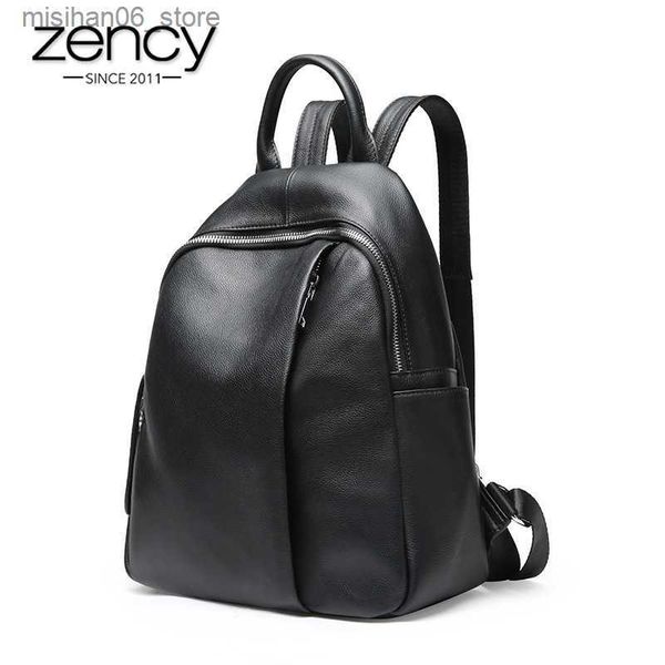 Rucksack 2022Zency 100 % echtes Leder Anti-Diebstahl-Design Damen Rucksack klassische schwarze Schultasche täglich lässig Reisetasche Kaffee Rucksack Q230912