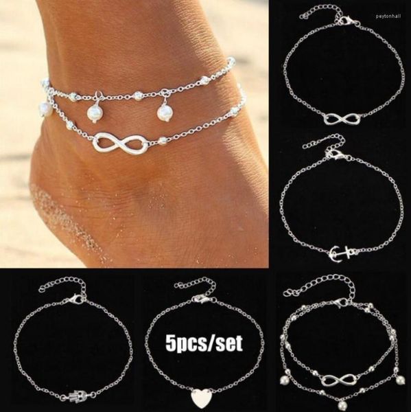 Tornozeleiras 5 pçs/set Bohemia Prata Pé Praia Coração Palma Âncora Infinito Tornozeleira Pulseira Cadeia de Luxo Jóias Femininas