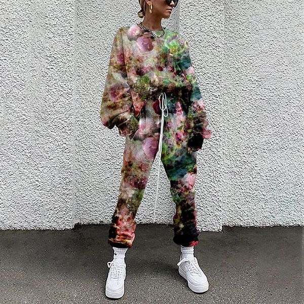 Kadın Hoodies Boya Renkli Yağlı Boya Çiçekleri 3D Sweatshirt Seti O yaka iki parçalı kazak pantolonları setleri 2023 eşofman