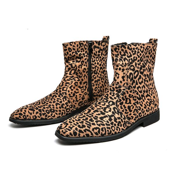 Designer de luxo nova chegada dos homens apontou camurça couro vestido de casamento sapatos leopardo para masculino formal negócio chelsea botas para meninos botas de festa