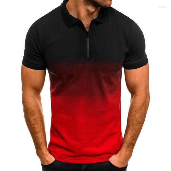 Camisa polo masculina europeia e americana com estampa 3D de manga curta com zíper gradual camiseta esportiva