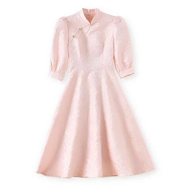 2023 verão rosa vestido de cor sólida 3/4 manga gola jacquard na altura do joelho vestidos casuais s3s08w09080901
