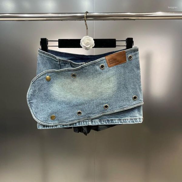 Röcke PREPOMP 2023 Sommerkollektion Multi Metallschnallen Skew Unregelmäßiger blauer superkurzer Mini-Jeansrock Damen 867