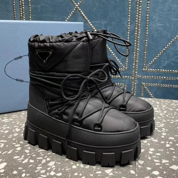 Designer-Damen-Ski-Schneestiefel, Plateau-Stiefeletten, modische Nylon-wasserdichte Schnür-Martin-Booties, klobige Unterseite, Damen-Outdoor-Schuhe, Größe 35–41