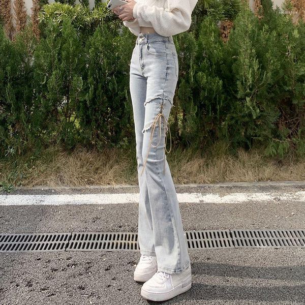 Jeans da donna Fasciatura Pantaloni in denim Vita alta Streetwear Pantaloni dritti da donna Y2k Chic Pantaloni svasati Cerniera skinny Allacciatura alla caviglia