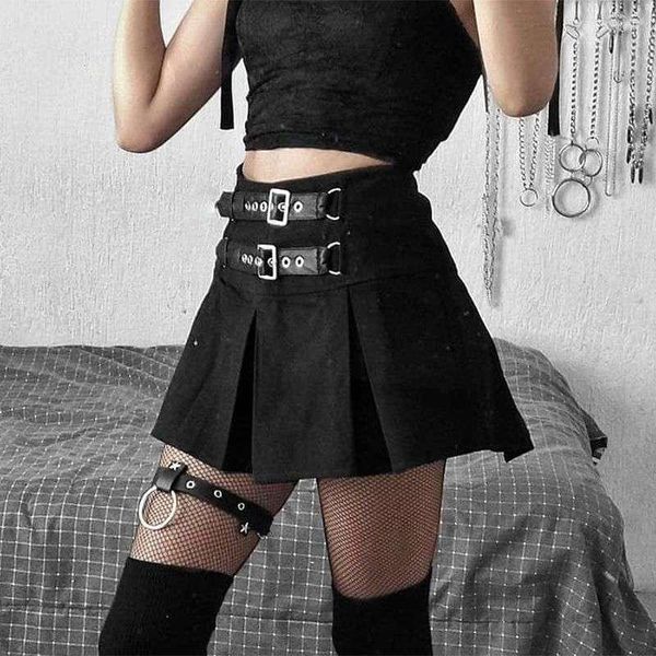 Etekler seksi mini elbise siyah gotik hayalet punk tarzı yüksek bel kadınlar yarım uzunluk perçinlenmiş A-line çift ayarlanabilir toka