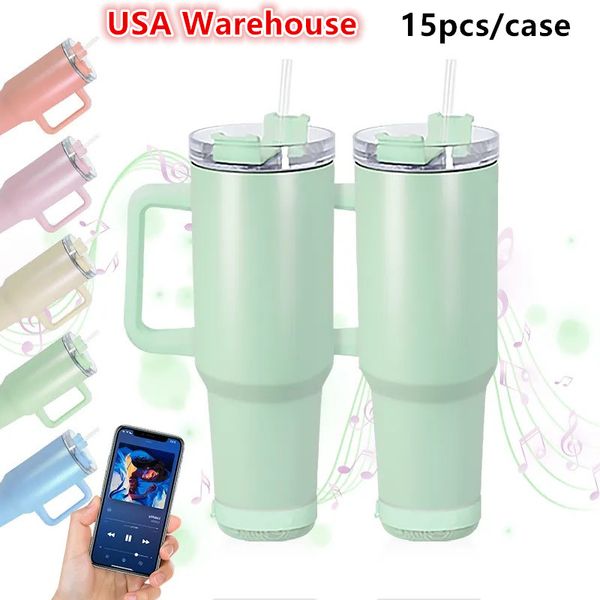 ABD Stok 40oz Süblimasyon Bluetooth Hoparlör Tumbler Macaron Mat Tumbler Hoparlör Kablosuz Akıllı Müzik Bardakları Paslanmaz Çelik Akıllı Su Şişesi