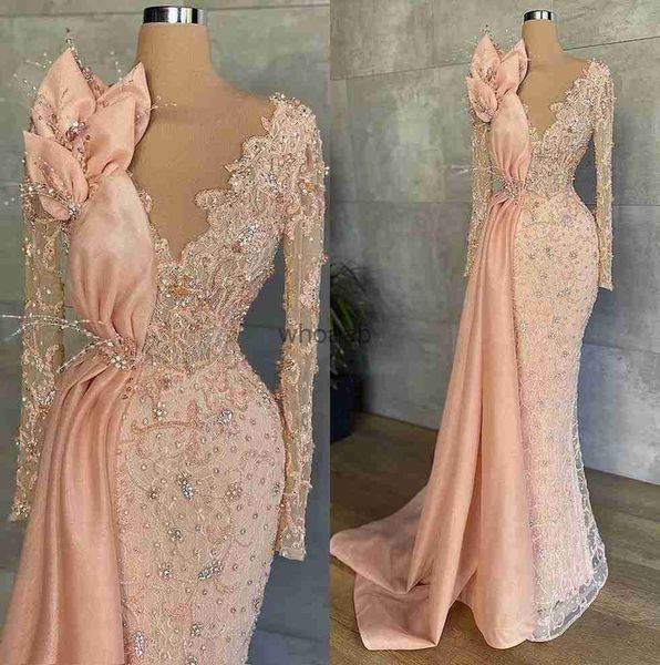 Streetstyle -Kleider Pfirsich Rosa Langarmes Meerjungfrau Abend formelle Kleider funkelnde Spitze Perlen Illusion ASO EBI Afrikanische Promkleider BC10885 HKD230912