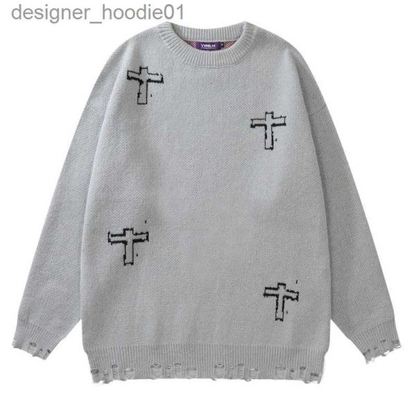 Herrenpullover Herrenpullover Hip Hop Strickpullover Männer Frauen Jesus Kreuz Muster Lose Pullover Streetwear Casual College Strickwaren Pullover Frühling Herbst T220928