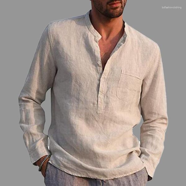 Polos pour hommes Chemises à manches longues en coton et lin Hommes Couleur unie Col en V Chemise à manches longues Col montant Casual Style de plage Top Bouton simple