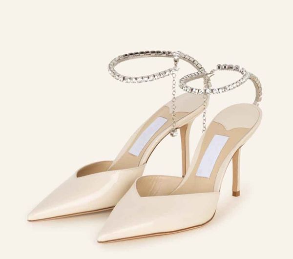Sapatos SAEDA 100mm sandália designer de luxo salto alto cetim camurça couro pontudo dedo do pé sexy saltos de cristal embelezamento tornozelo cinta vestido de casamento mulheres