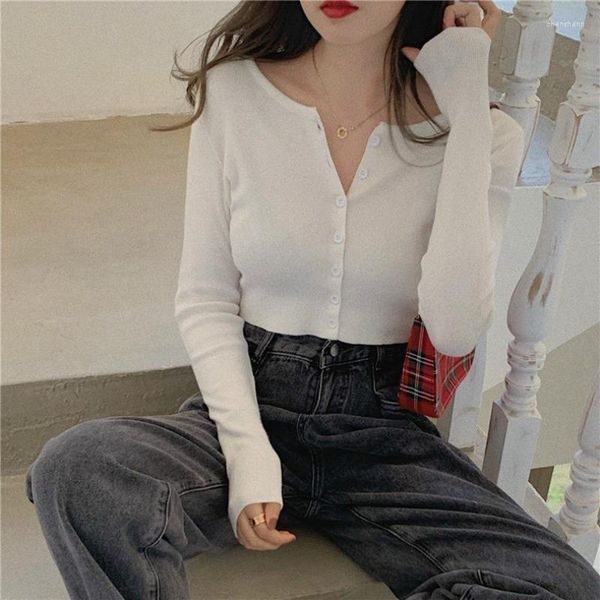 Frauen Strick 2023 Mode Langarm Sonnenschutz Koreanischen Stil Frauen Oansatz Strickjacke Kurze Pullover Taste Crop Top 28116