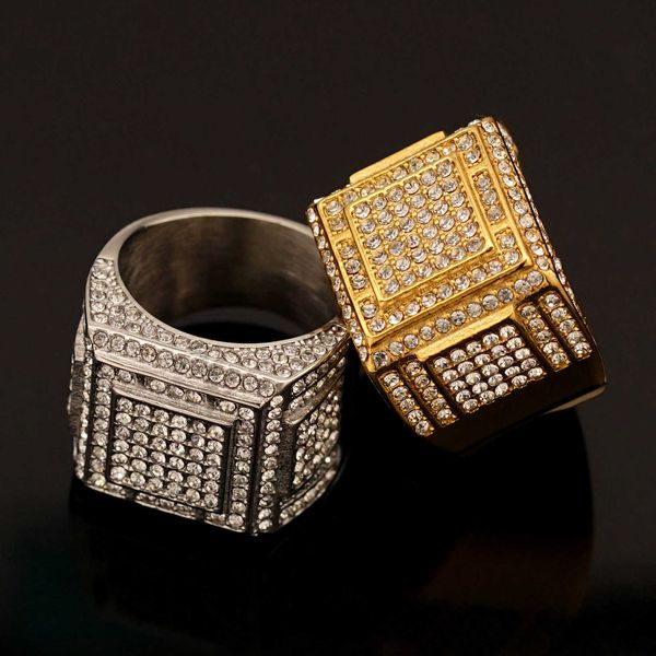 Personalisierter luxuriöser Gold-Edelstahl-Herrenring, quadratischer voller Diamant-Hip-Hop-Ring, Titanstahl-Schmuck