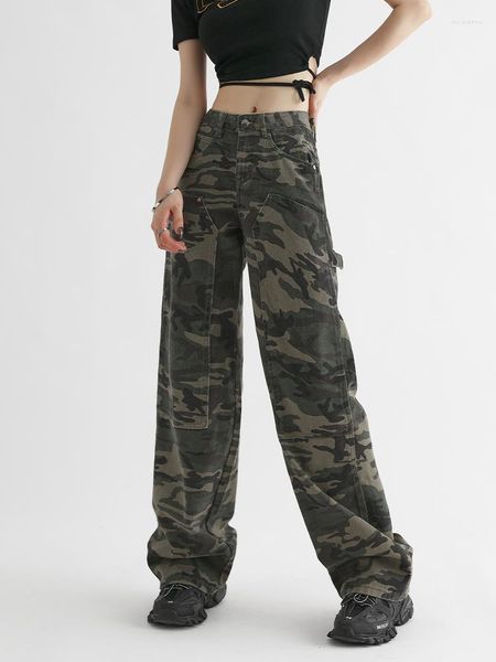 Calças de brim femininas soltas calças de carga camuflagem fina streetwear em linha reta denim calças senhoras moda cintura alta perna larga 2023 outono