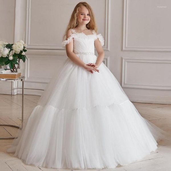 Abiti da ragazza Fiore Cintura di diamanti gonfi in tulle bianco con maniche corte per abiti da prima comunione per feste di compleanno di nozze