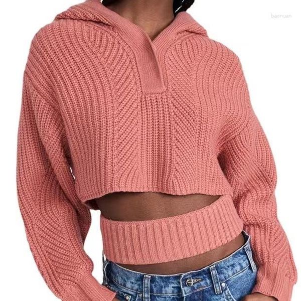 Damenpullover Rosa Kintted-Pullover Frauen V-Ausschnitt mit Kapuze Häkelpullover Frühling Herbst Winter Lässiger süßer Pullover Y2k Top Streetwear