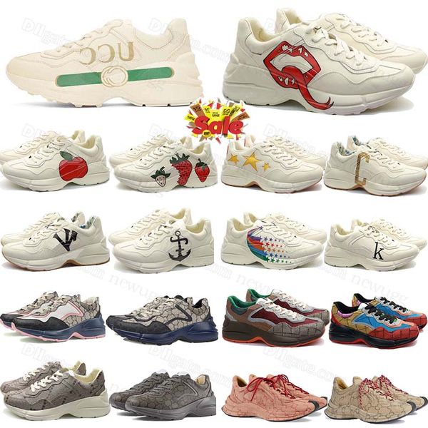 Designer sapatos casuais homens mulheres rhython tênis vintage logotipo marfim boca starwberry bege ébano tigre arco-íris brilho branco selo dever cabeça de couro macio luxo