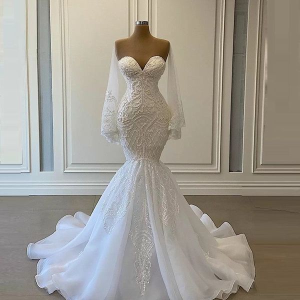 Arapça Beyaz Gelinlik Çıkarılabilir Uzun Kollu Denizkızı Gelinlik Boncukları Dantel Aplik Nijeryalı Evlilik Elbisesi Artı Boyut Özel Yapıldı