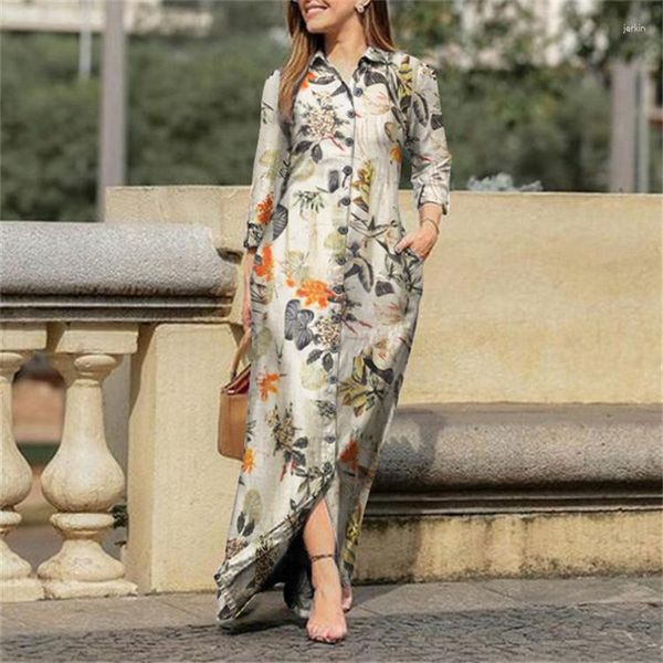 Roupas étnicas Vintage Harajuku Casual Solto Robe Elegante Camisa Maxi Vestido para Mulheres 20233 Outono Moda Manga Longa Vestidos Impressos