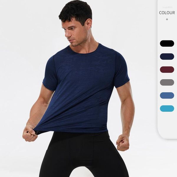 Camisetas masculinas esportes de manga curta solta casual camuflagem suor-wicking roupas de fitness correndo treinamento de alta elasticidade coágulo de secagem rápida