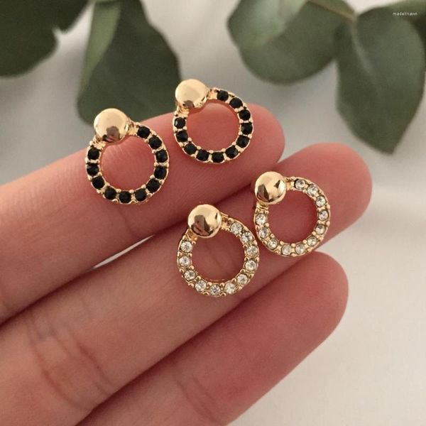 Boucles d'oreilles Mini couleur or noir ou pierre claire pavage cercle rond petit pour femmes fille accessoire délicat