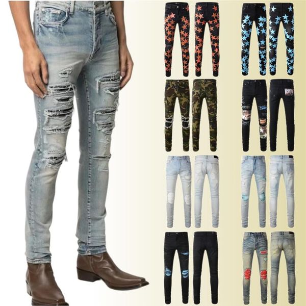 Jeans skinny strappati effetto consumato da uomo Moda Uomo Moto Moto Lungo fuori cotone Piedi sottili High Street Denim Azzurro Past267t