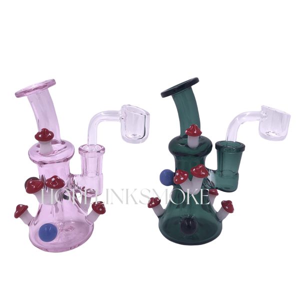 Tubi per acqua da fumo in vetro da 5,12 pollici Riciclatore Dab Rigs con percolatore in linea per fumo di tabacco Colore casuale con decorazione a fungo Banger al quarzo con giunto maschio da 14 mm