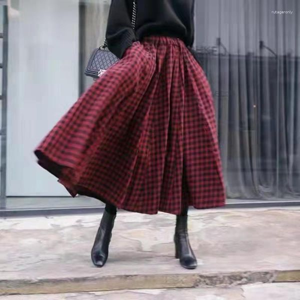 Röcke Japanische Vintage Wollrüsche Kawaii Plaid Faltenrock Frauen Rot Schwarz Weiß Hohe Taille Wilder Kuchen lang