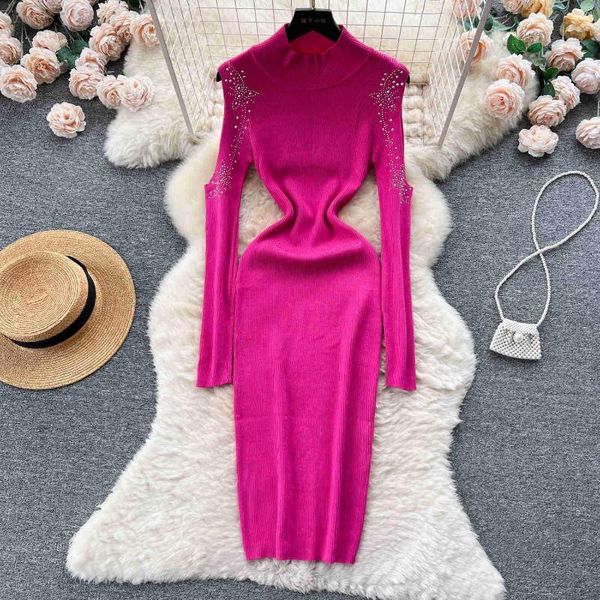 Vestidos casuais gola alta ombro frio manga comprida camisola vestido para mulheres outono inverno strass decoração midi bodycon malha