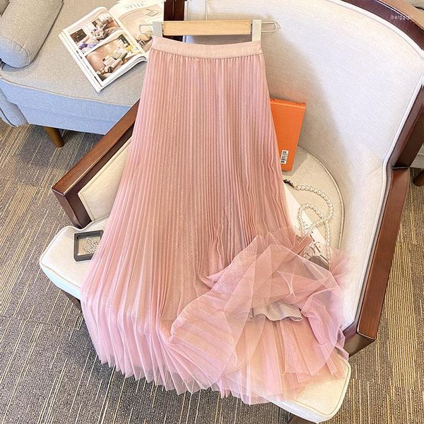 Saias Tigena doce rosa tule saia longa para mulheres 2023 outono coreano elegante sólido uma linha cintura alta plissada malha midi feminino