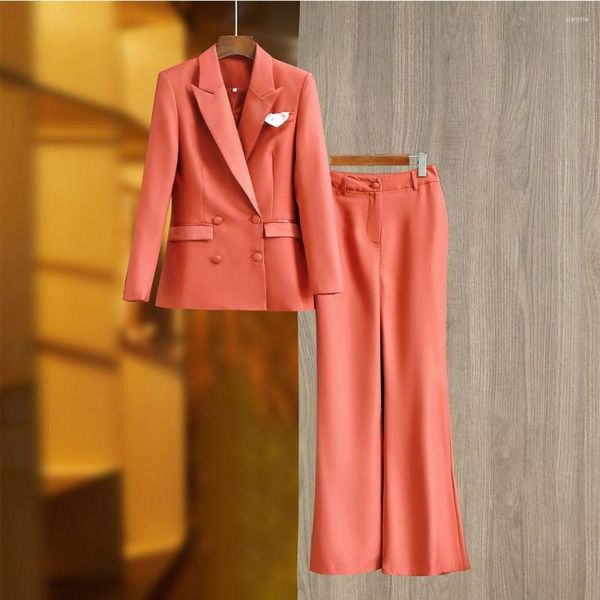 Pantaloni da donna a due pezzi HIGH STREET Runway Abito da donna Arancione con risvolto con visiera Blazer doppiopetto di lusso Pantaloni a gamba larga Office Lady