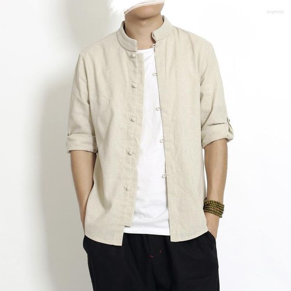 T-shirt da uomo stile cinese taglia grande manica 7/4 con fibbia camicia in lino colletto rialzato cotone etnico retrò con linguetta primaverile