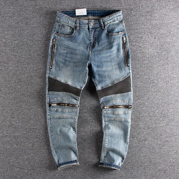 Calças femininas emendando zíper buraco estéreo corte jeans masculino luz azul retro tendência magro pés pequenos juventude nove minutos calças.