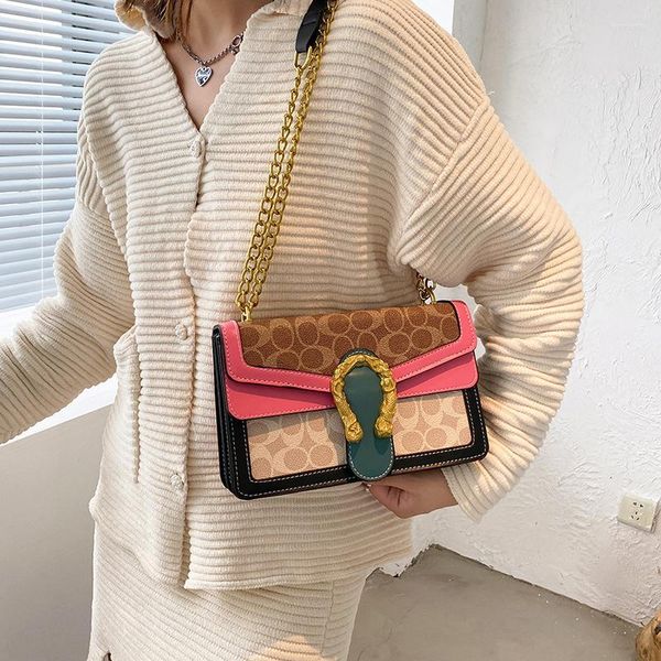 Akşam çantaları 2023 pembe moda kadın omuz çantası lüks tasarımlar katı zincir kare patchwork pu crossbody parti alışveriş vintage