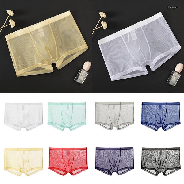 Cuecas masculinas boxer briefs sexy ultra-fino malha transparente respirável shorts roupa interior de seda gelo verão meados de cintura calcinha legal