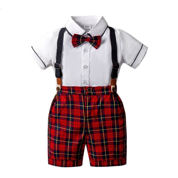 Set di abbigliamento Bambino Ragazzi Camicia di Natale Abbigliamento Abito estivo Pantaloni scozzesi rossi con fiocco Costume formale per matrimoni per bambini 1 2 3 4 5 6 7 anni 230912