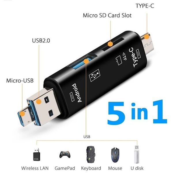 Hub USB 2.0 multifunzione 5 in 1 tipo C/Usb/Micro Usb/Tf/SD Lettore di schede di memoria Adattatore per lettore di schede OTG Accessori per telefoni cellulari