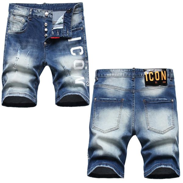 Herren-Jeans, bedruckte Denim-Shorts im Used-Look für Herren, dünne Oberbekleidung, trendige Quarter-Hose mit modischer Elastizität