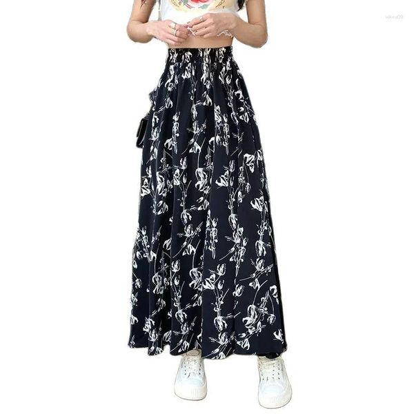 Saias 2023 Elegante Bohemian Floral Saia Roupas Femininas Primavera Verão Cintura Alta A-Linha Slim Plissado Boho Petticoat BC65