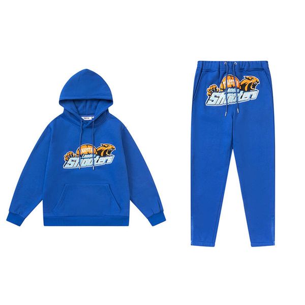 Unw8 moletom com capuz masculino trapstar azul tigre cabeça conjunto toalha bordada de pelúcia suéter com capuz close-up calças com zíper guarda casual