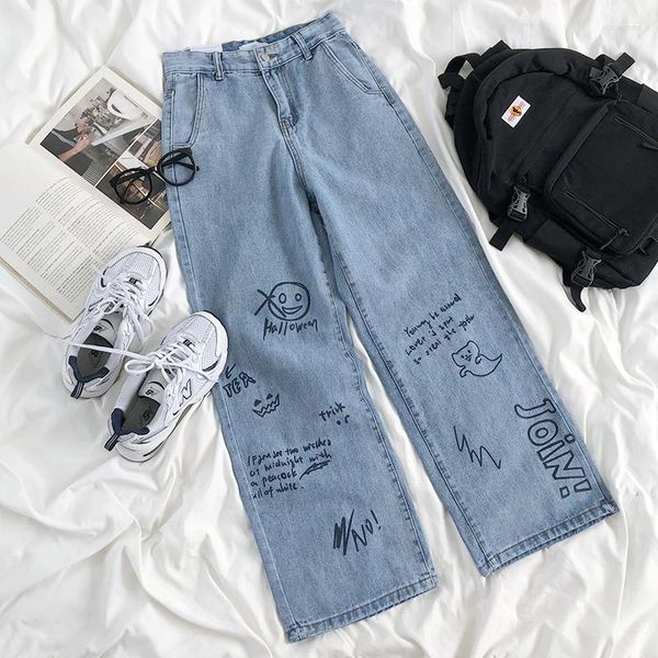 Calças de brim femininas harajuku streetwear y2k desenhos animados hip hop calças de cintura alta vintage calças jeans retas roupas de moda coreana